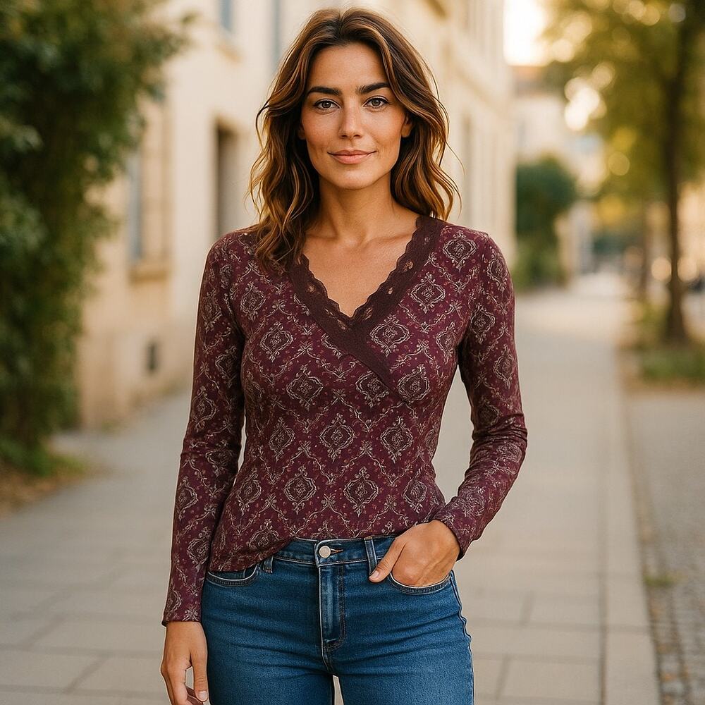 Vintage New York & Co. Maroon Geometric Floral Mesh Knit Babydoll Top Small - Picture 10 of 11